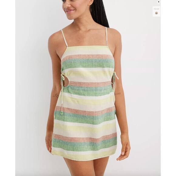Aerie Side Cut Out Mini Linen Sundress Green Yellow Pink sz S - Picture 2 of 13